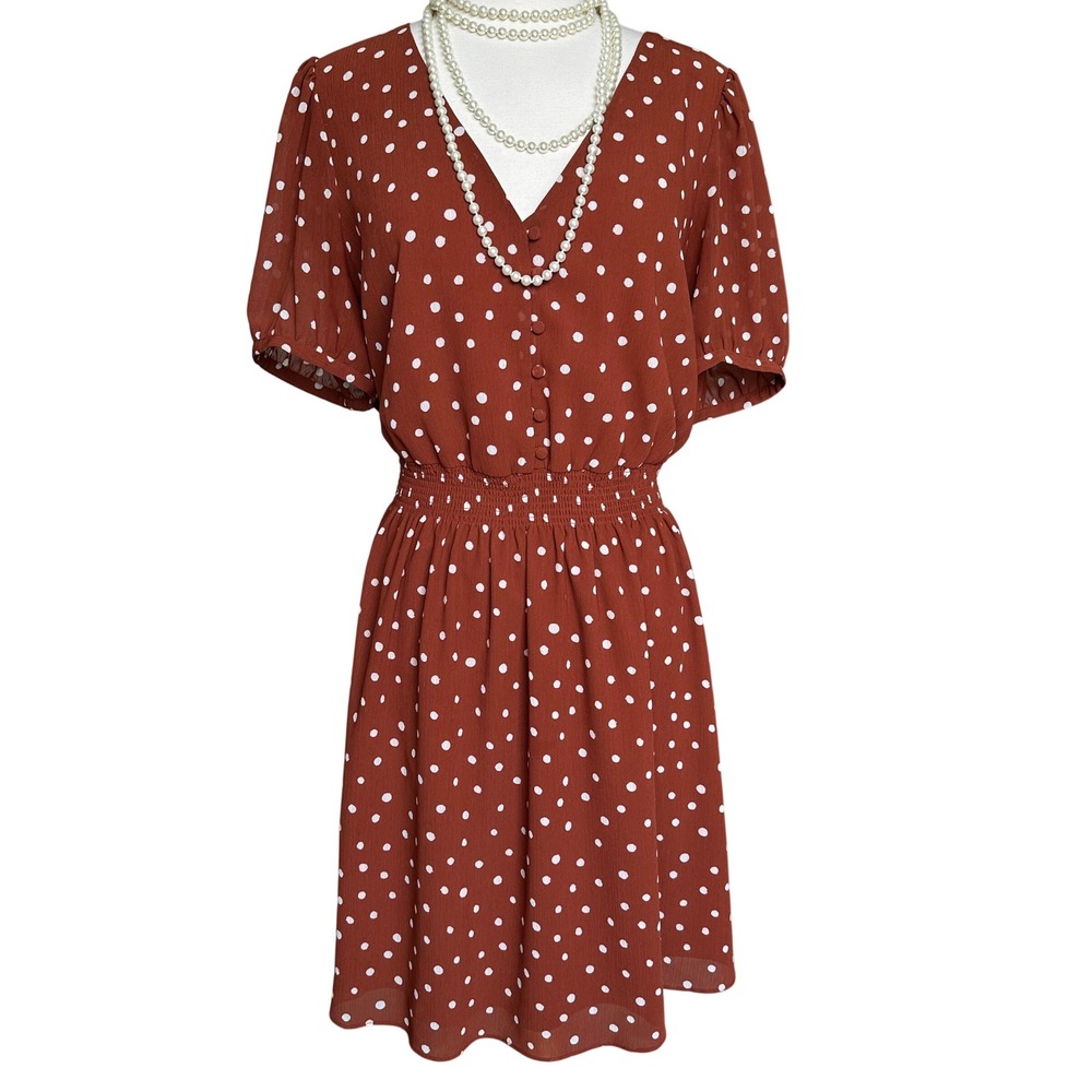 Madewell White Polka Dot Smocked Mini Dress Rust Brown XL Button Front V Neck - Picture 2 of 10